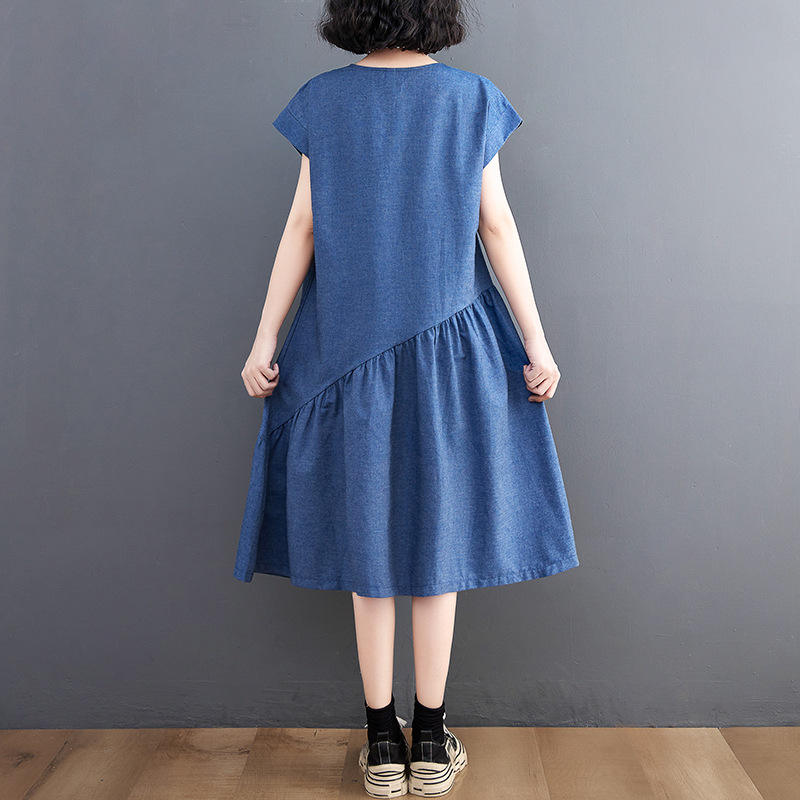 夏季純色牛仔氣質寬鬆顯瘦中長洋裝