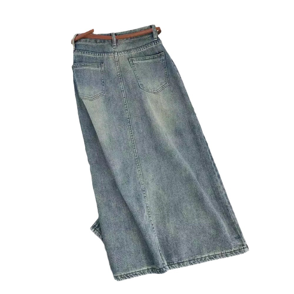 高腰顯瘦a字裙休閒中長款淺色開叉包臀牛仔半身裙子