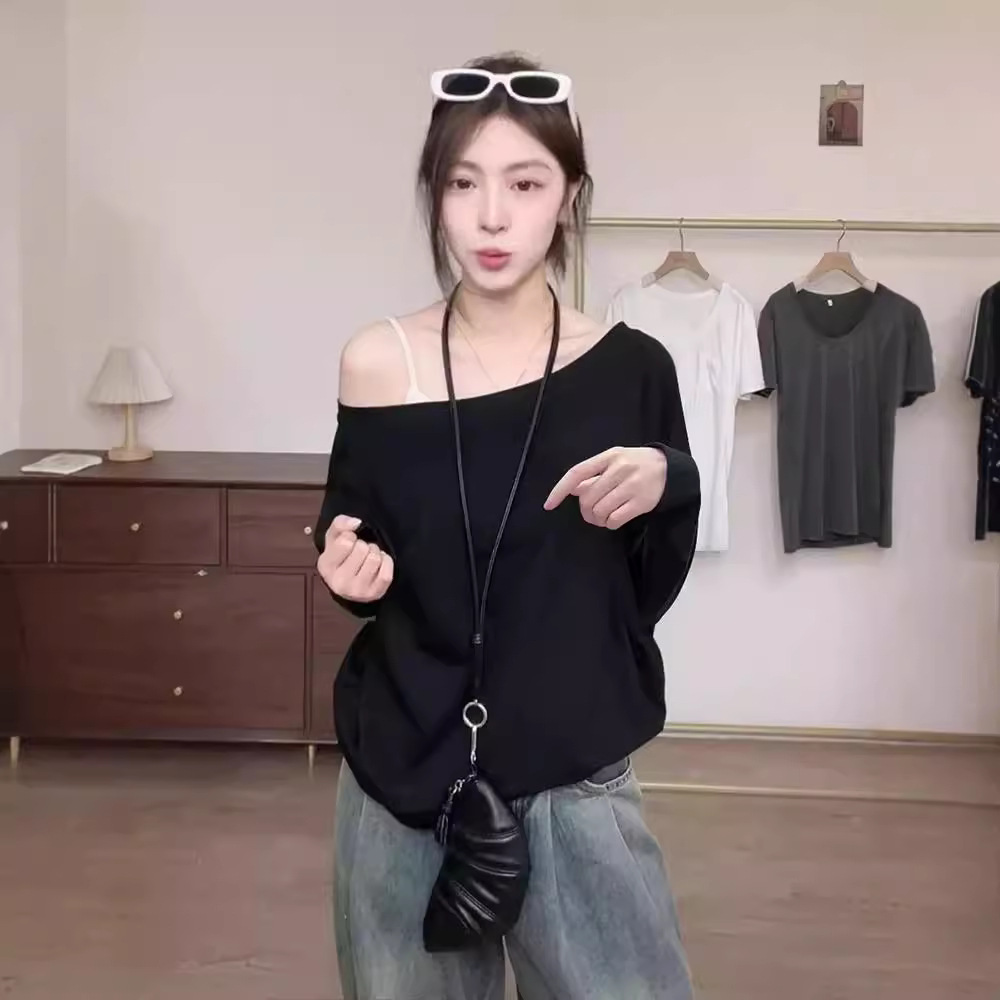 一字肩純慾斜領露肩寬鬆顯瘦別緻短袖長袖T恤