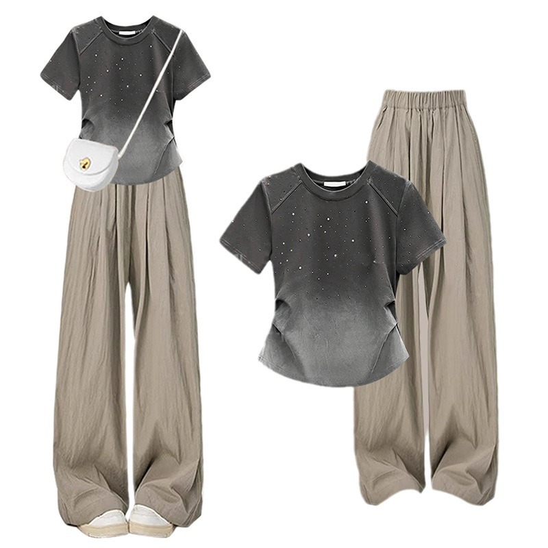 【單件/整套】顯高圓領收腰顯瘦漸變短袖+卡其色褲子套裝