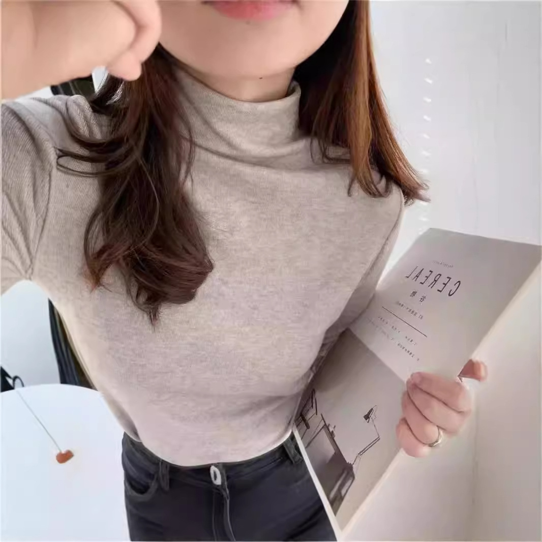 修身純色百搭綿羊絨加厚保暖半高領打底長袖T恤