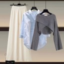 灰毛衣+藍襯衫+杏色闊腿褲