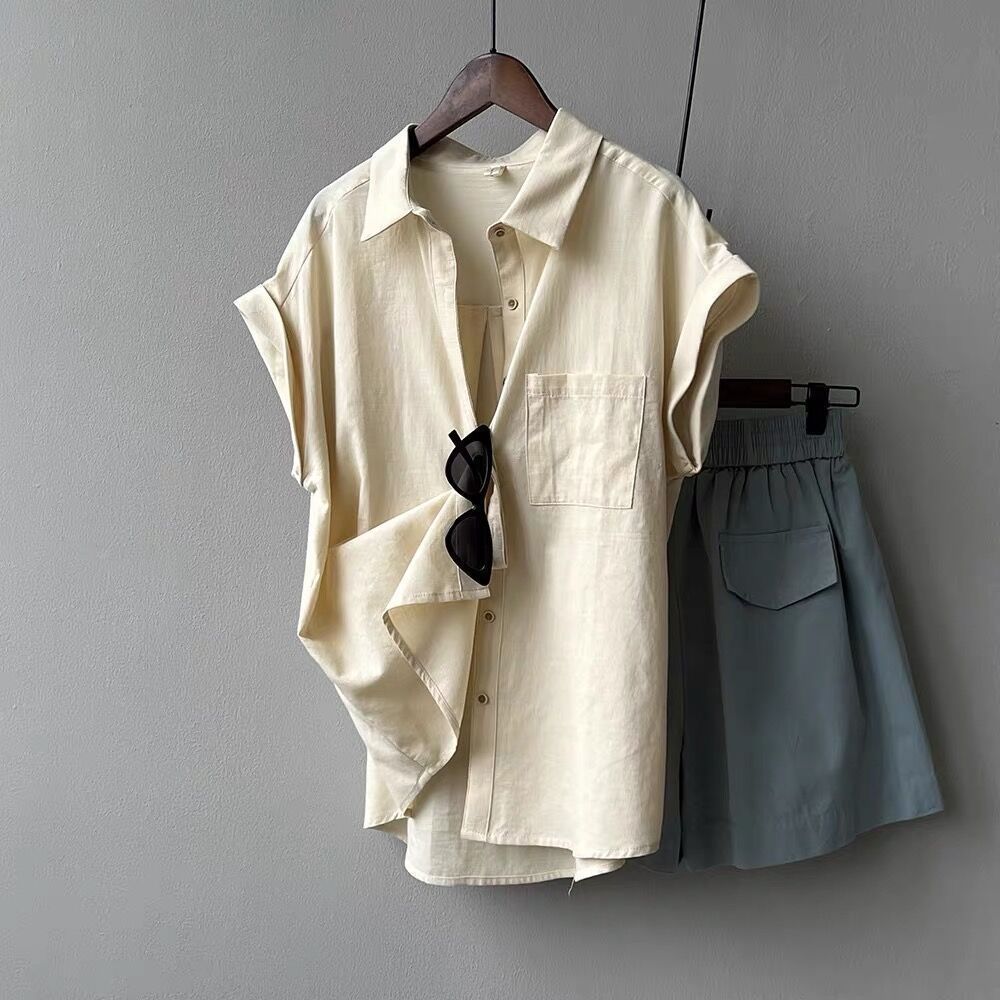 寬鬆設計感小眾雪紡法式捲邊短袖襯衫