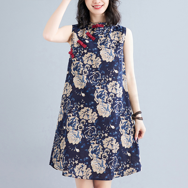 中式復古改良盤扣旗袍寬鬆顯瘦棉麻無袖印花洋裝