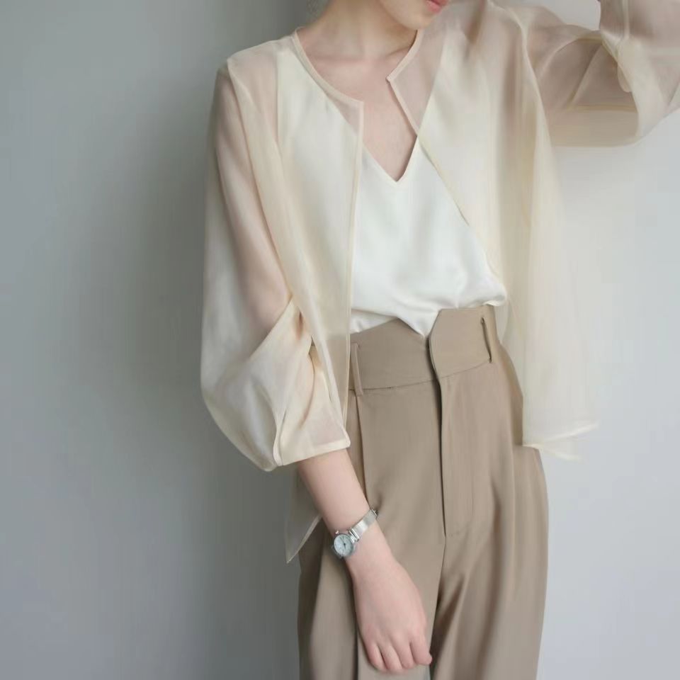 溫柔系冰絲雪紡配吊帶裙子外搭歐根紗防曬開衫