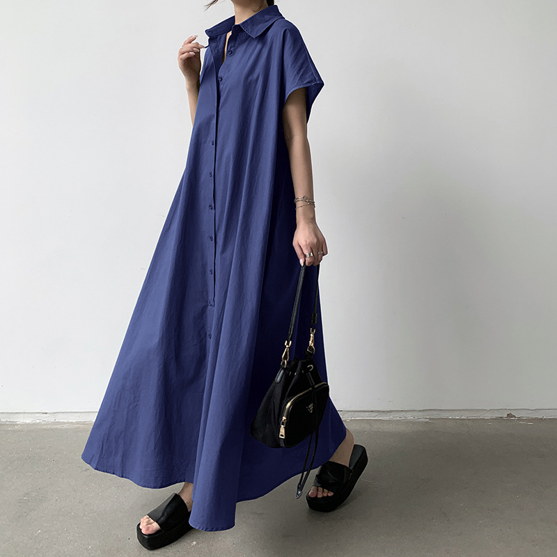 透氣百搭純色短袖棉麻寬鬆翻領休閒洋裝