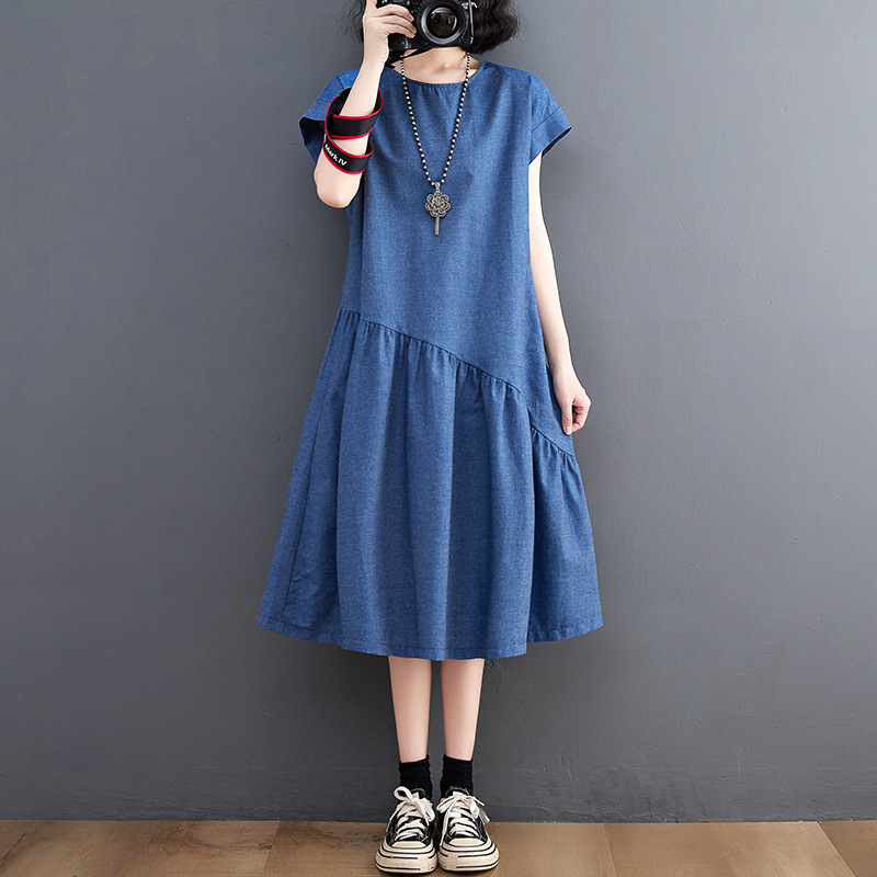 夏季純色牛仔氣質寬鬆顯瘦中長洋裝