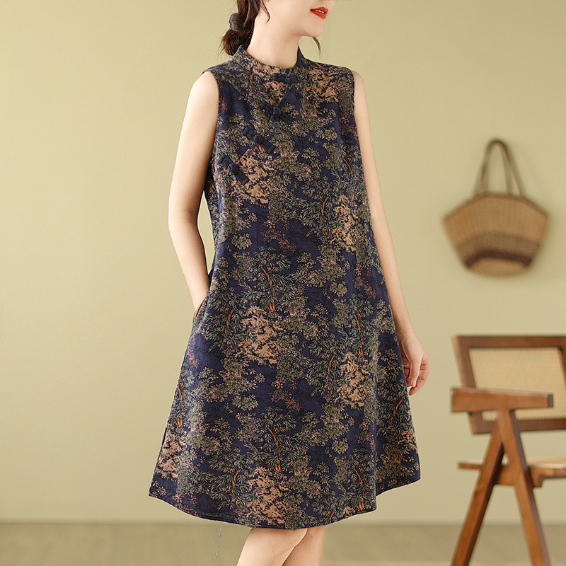 中式復古改良盤扣旗袍寬鬆顯瘦棉麻無袖印花洋裝