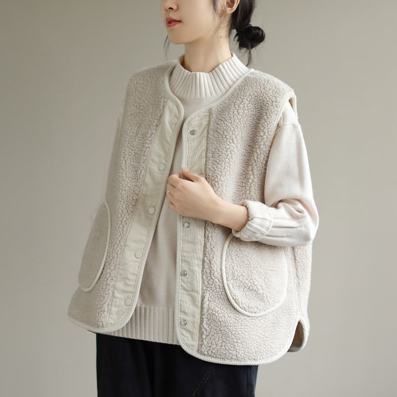 雙面羊羔毛休閒坎肩燈芯絨拼接學院風馬甲外套