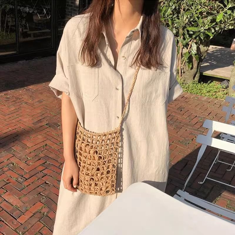 簡約棉麻長款天絲短袖過膝洋裝
