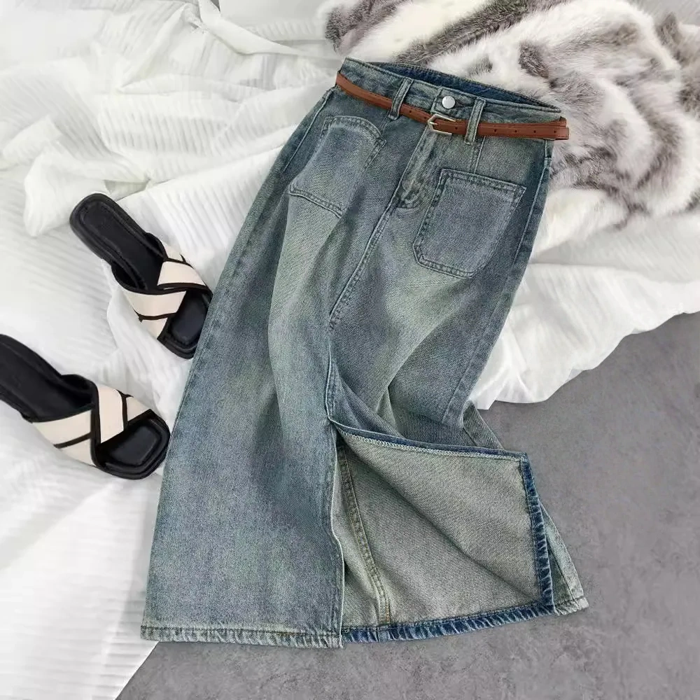 高腰顯瘦A字裙休閒中長款開叉包臀牛仔半身裙