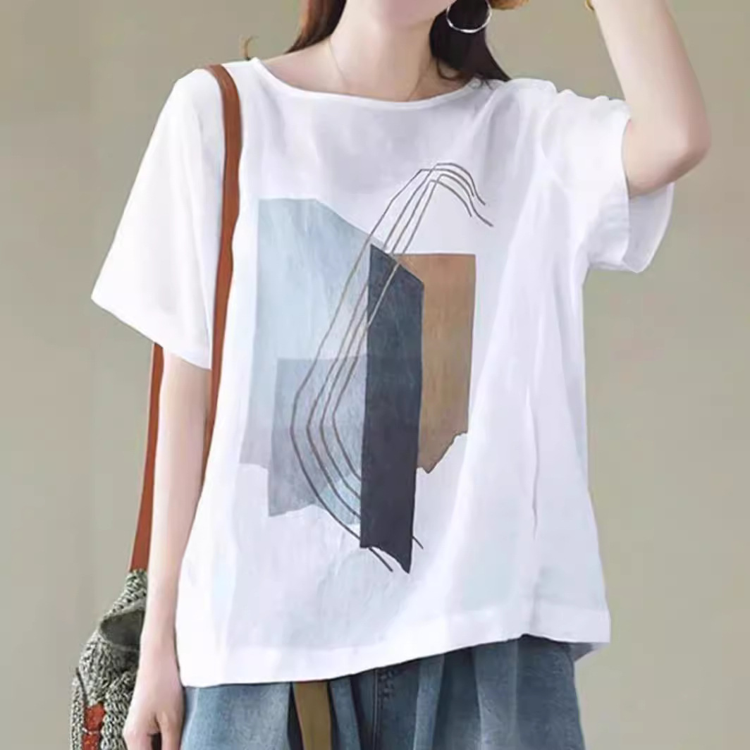 森女系印花棉麻休閒寬鬆大碼短袖T恤