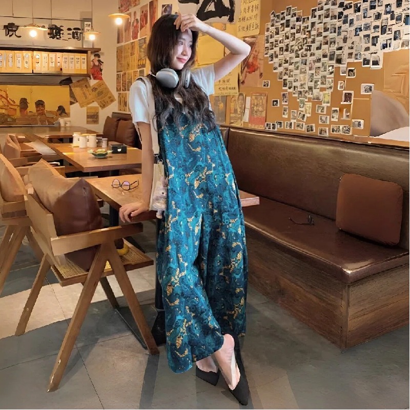 法式復古小個子油畫碎花闊腿寬鬆直筒連體褲