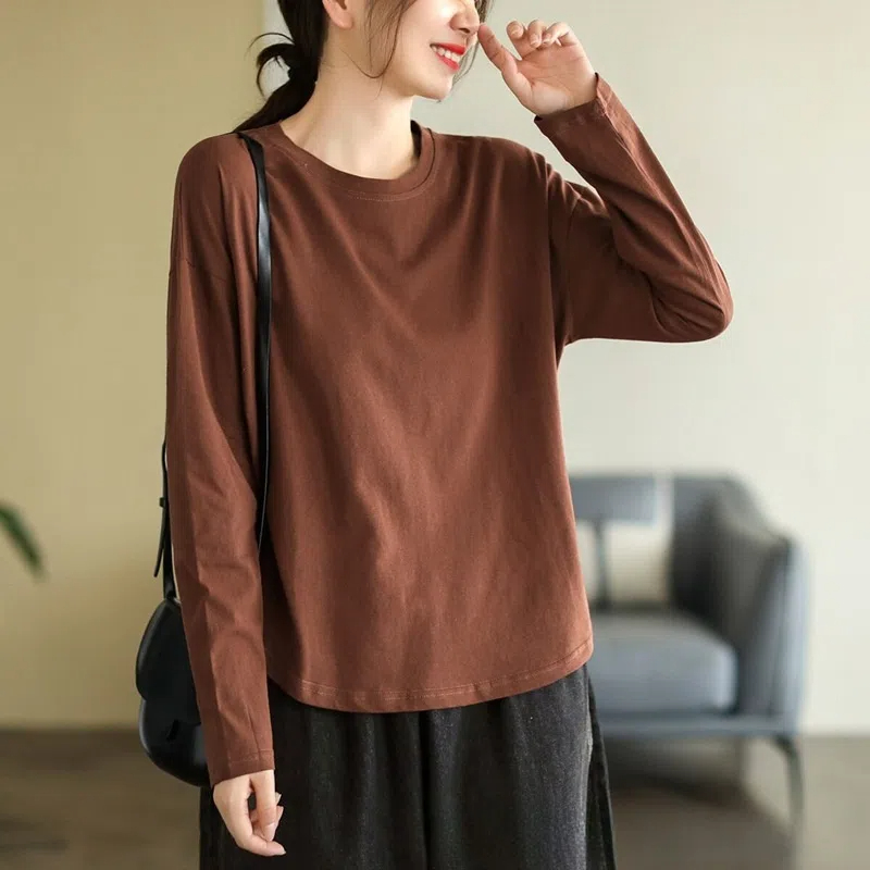 氣質簡約純色打底圓領百搭長袖T恤