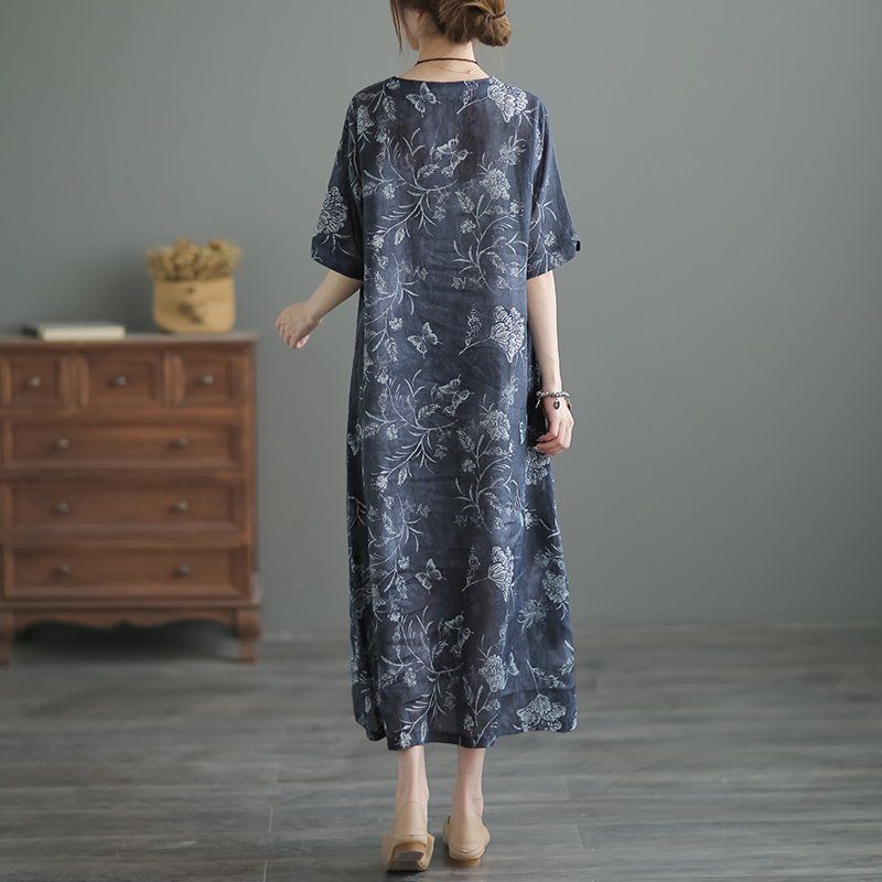 文藝復古民族風改良版印花寬鬆苧麻旗袍洋裝