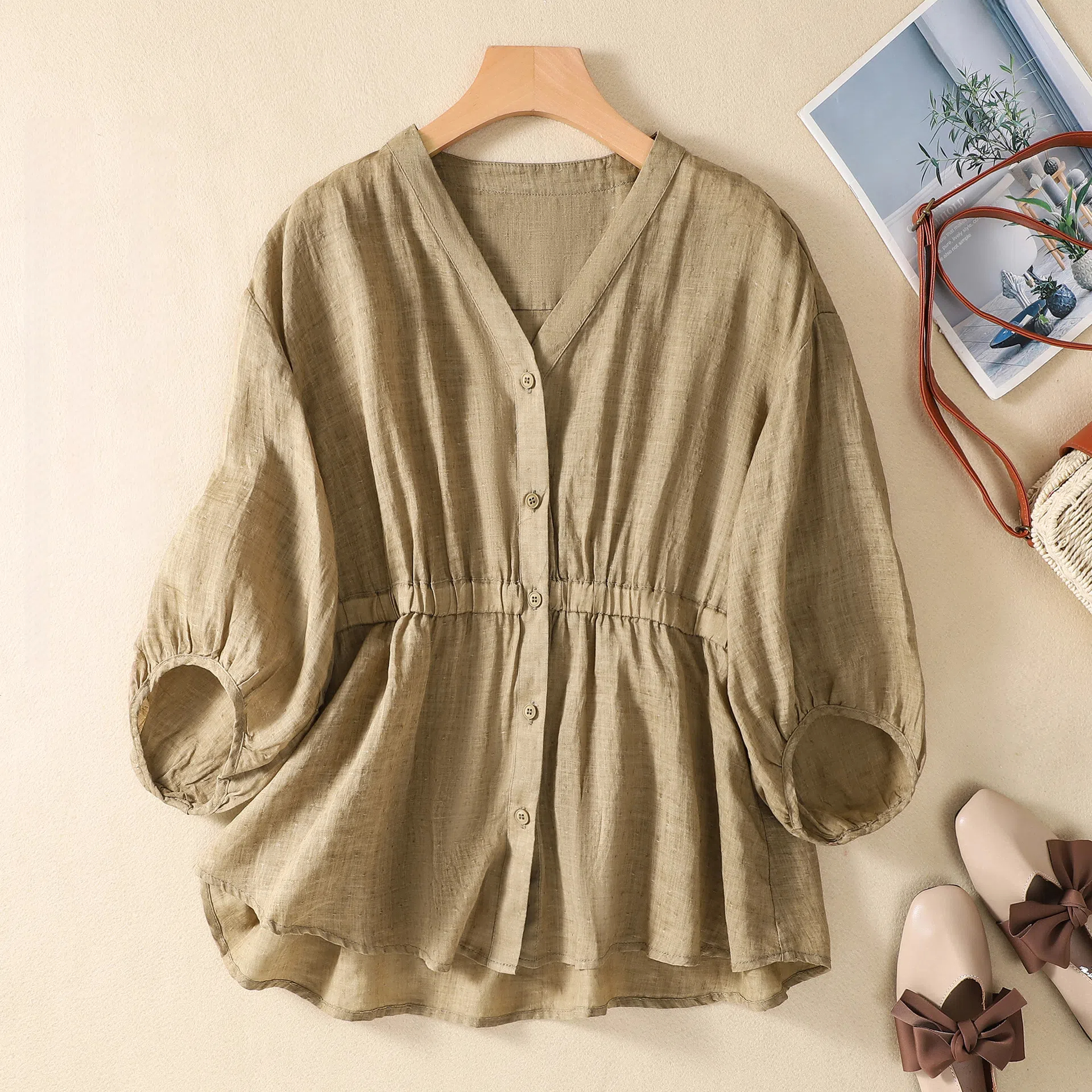 寬鬆顯瘦百搭棉麻V領收腰五分袖套頭襯衫