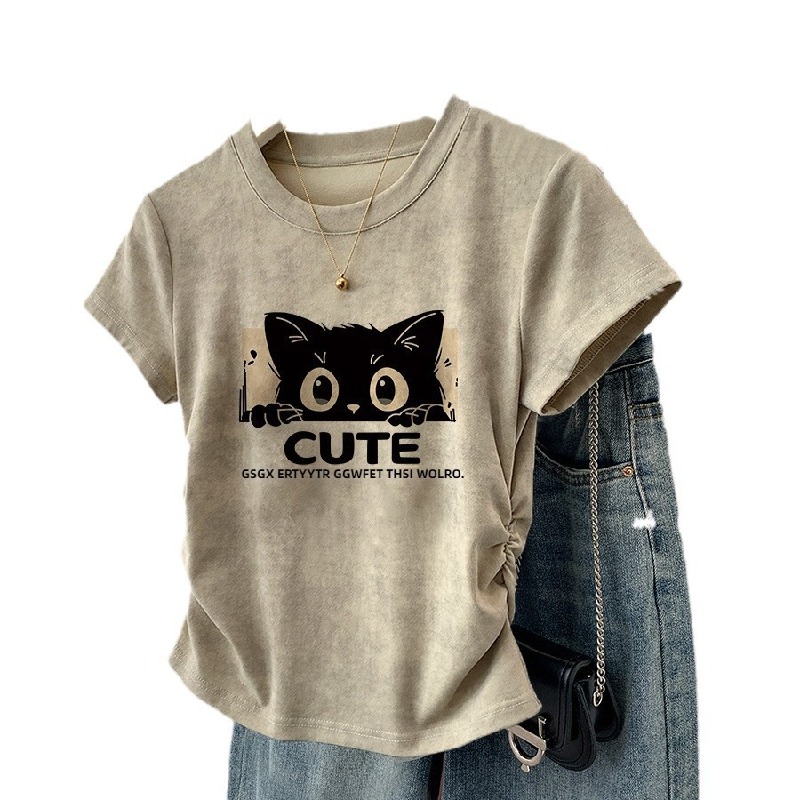 美式甜辣妹正肩印花收腰顯瘦短袖T恤