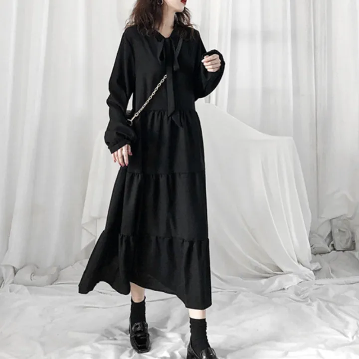 法式桔梗寬鬆氣質復古小黑溫柔風雪紡洋裝