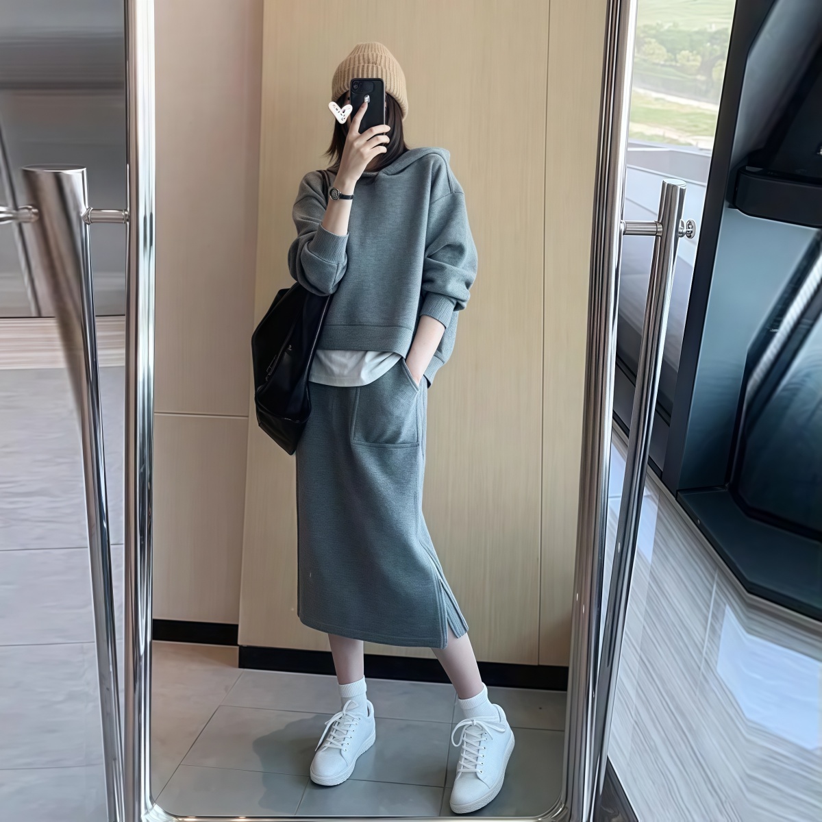 春秋寬鬆連帽上衣+半身裙套裝 兩件組 大尺碼時尚休閒風.jpg