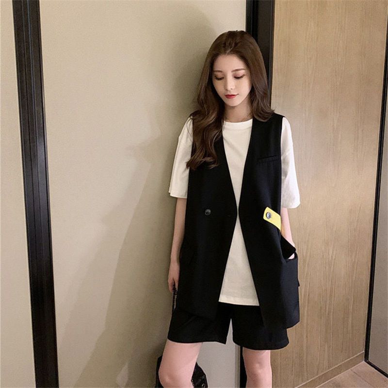 【單件/整套】洋氣復古馬甲短袖T恤短褲超仙小清新時尚西裝套裝