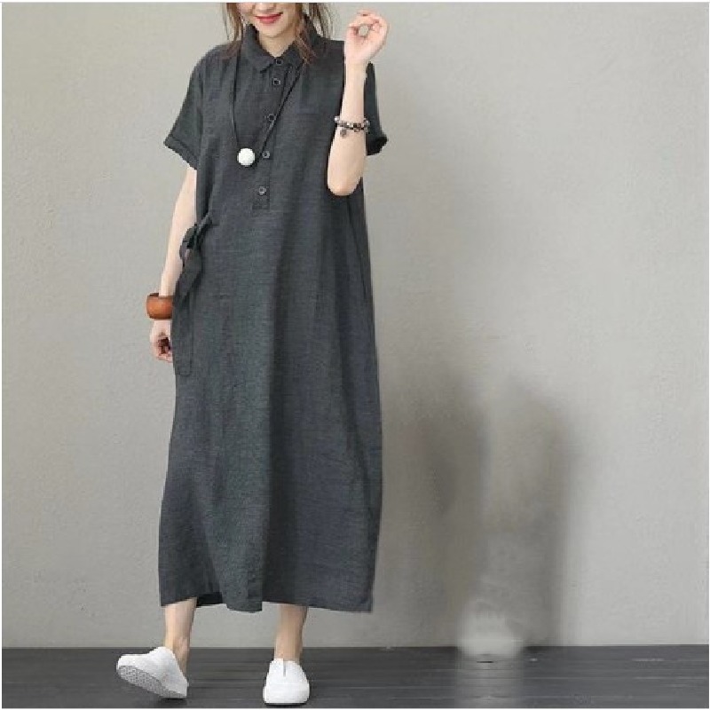 簡約休閒POLO領棉麻翻領短袖寬鬆口袋洋裝
