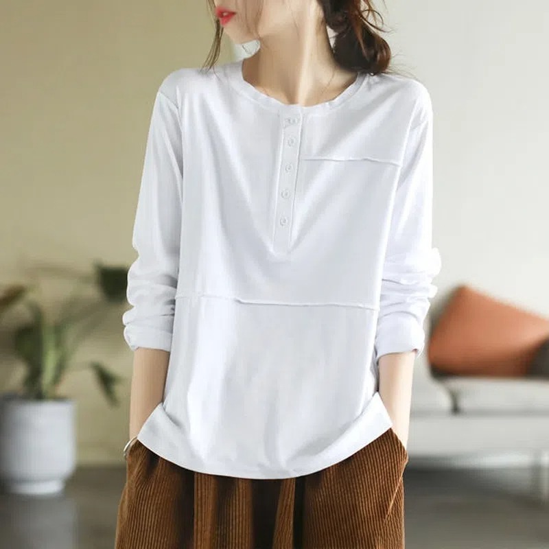 圓領簡約休閒顯瘦拼接紐扣打底長袖t恤