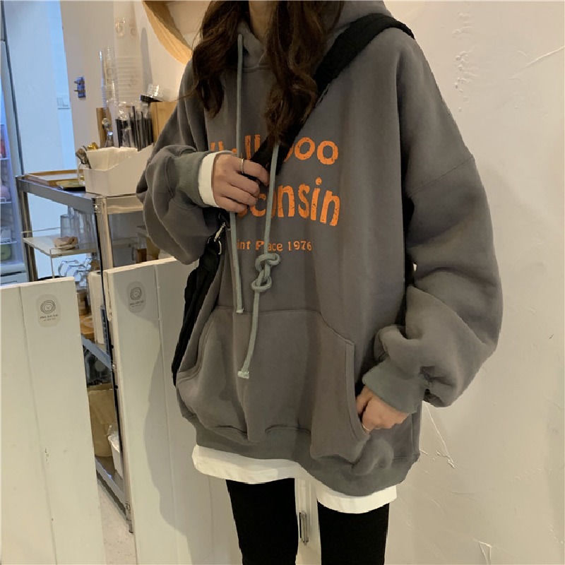 韓系秋冬加絨加厚舒適學生寬鬆慵懶風連帽衫