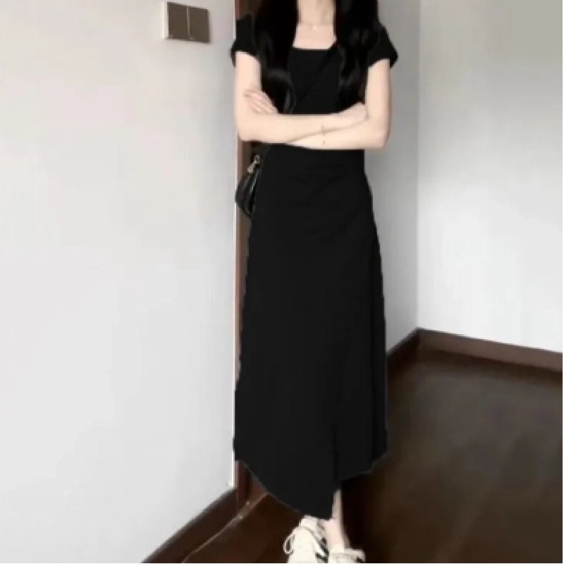 法式氣質收腰短袖連身裙小眾設計圓領短裙