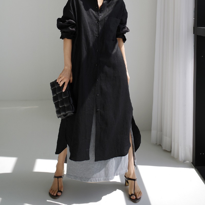 純色慵懶風寬鬆過膝長款開叉外搭棉麻純色洋裝