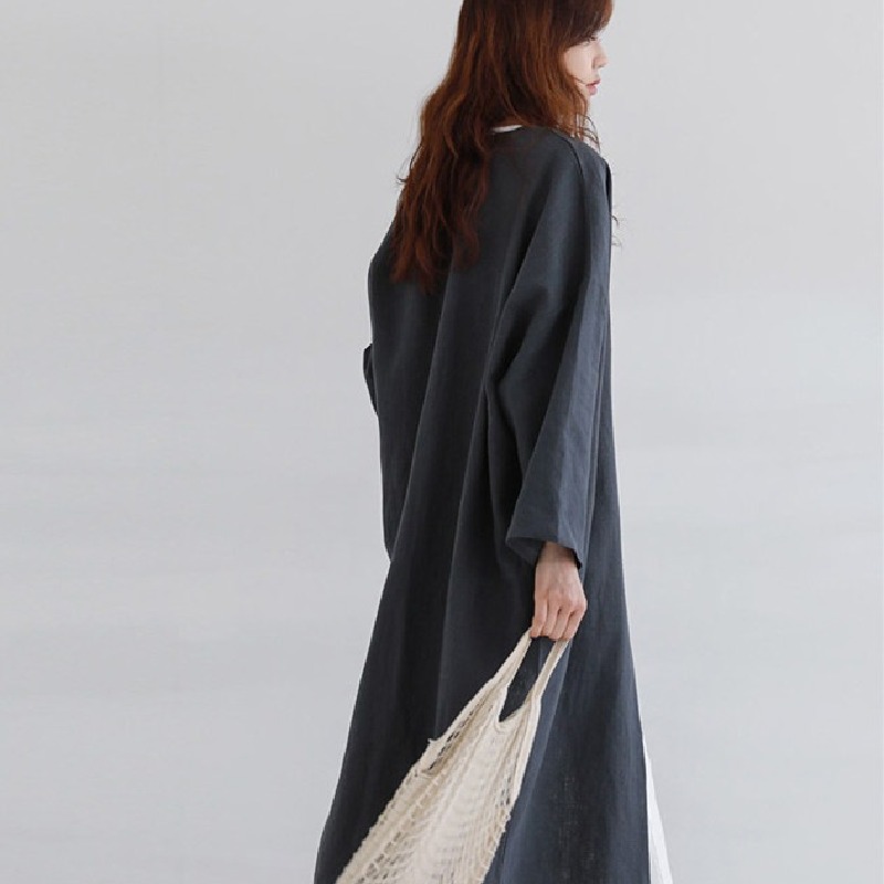 韓系休閒寬鬆薄款過膝中長棉麻防曬開衫