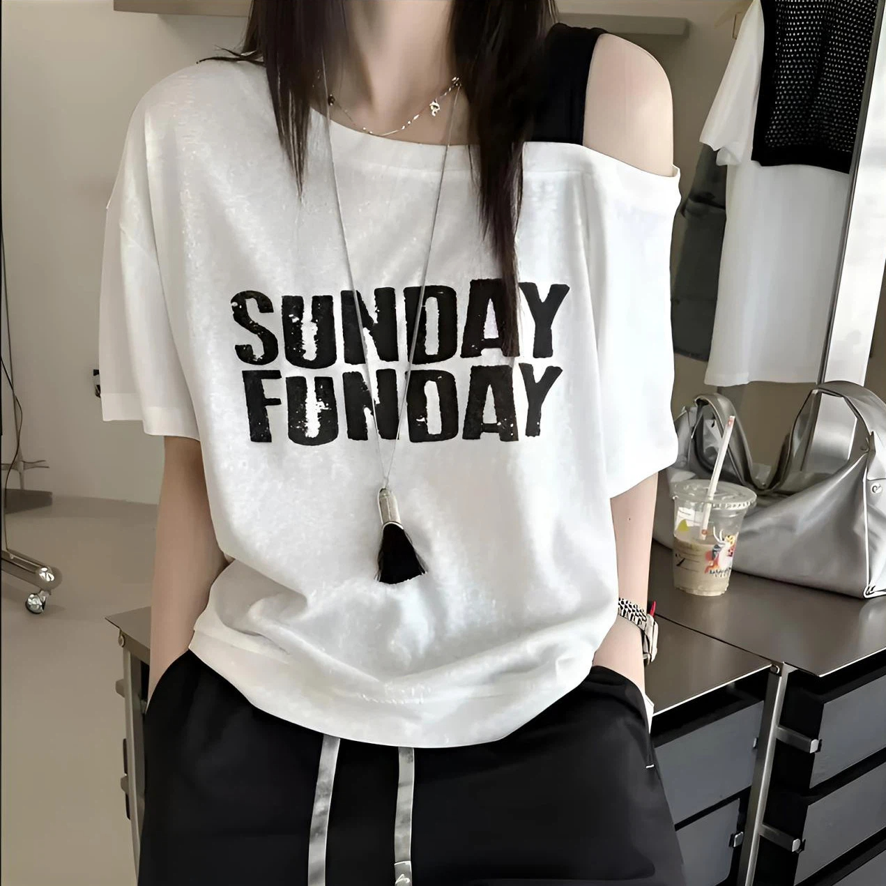 時尚寬鬆顯瘦百搭韓版斜肩撞色字母休閒印花短袖T桖