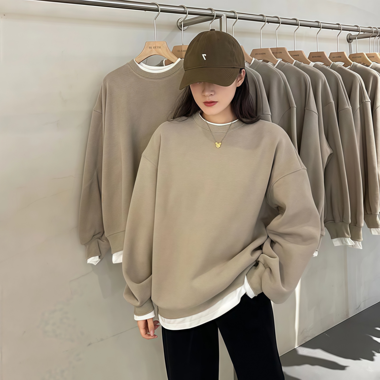 純色假兩件中長款復古保暖慵懶長袖T恤