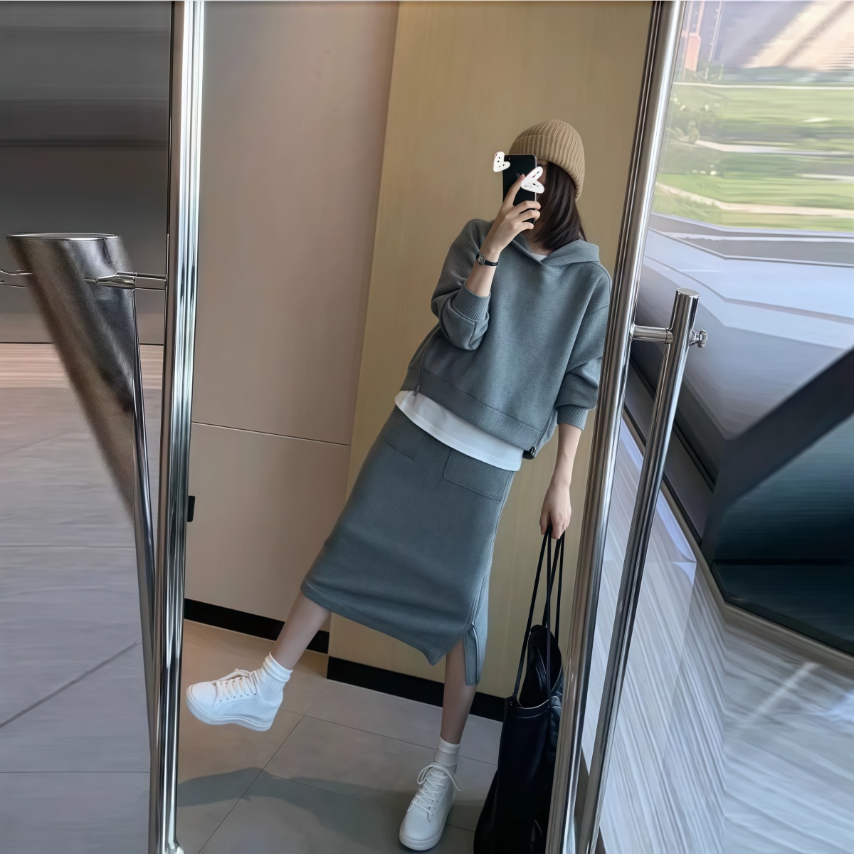 【整套】大尺碼時尚休閒運動風 時尚寬鬆拉鍊設計連帽上衣+半身裙套裝