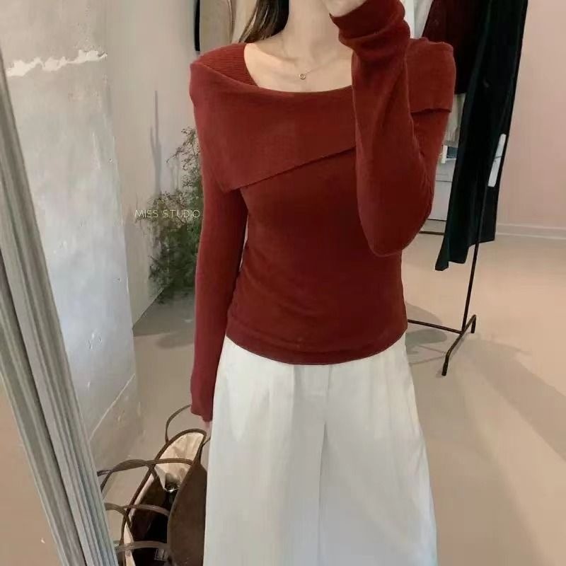 高級感修身一字肩長袖內搭打底針織衫