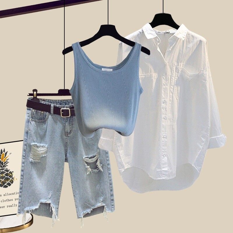 【單件/整套】寬鬆襯衫背心破洞牛仔短褲三件套