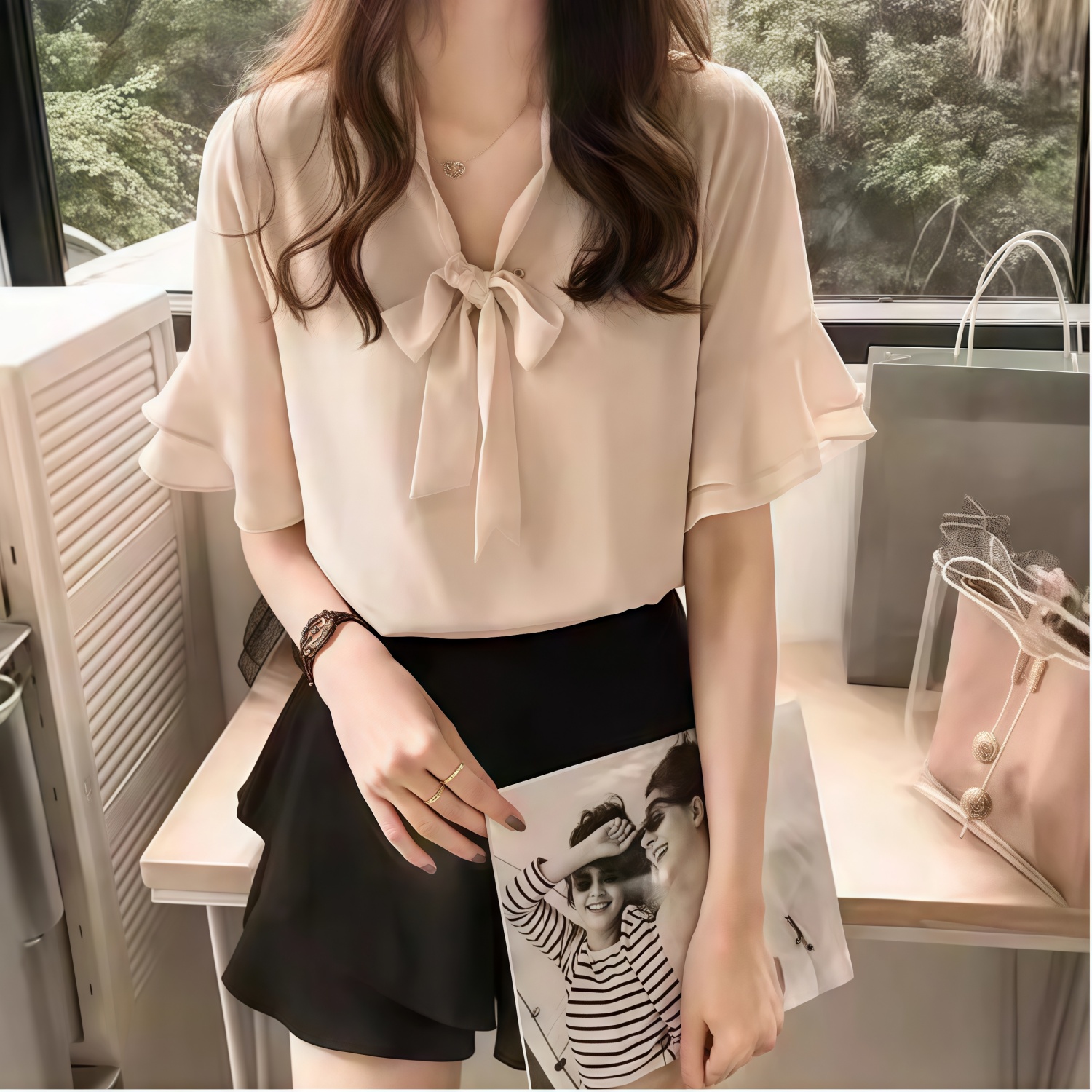 寬鬆休閒雪紡荷葉袖顯瘦打底短袖T恤