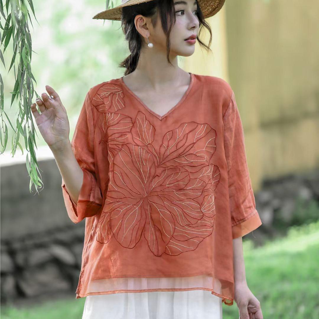 透氣時尚V領雙層刺繡棉麻拼接歐根紗短袖T恤