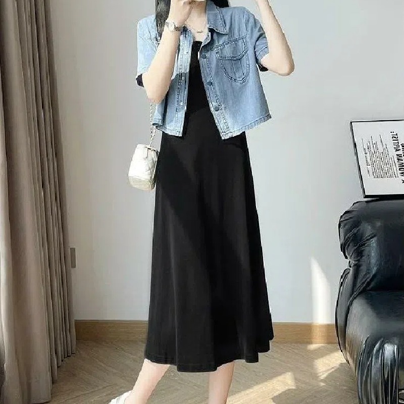 【整套/單件】顯瘦黑色背心中長款吊帶裙搭配藍色牛仔短外套裝