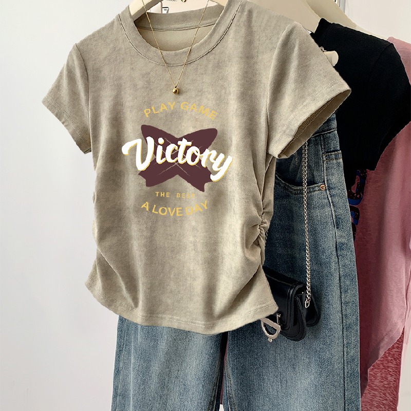 美式甜辣妹正肩印花收腰顯瘦短袖T恤