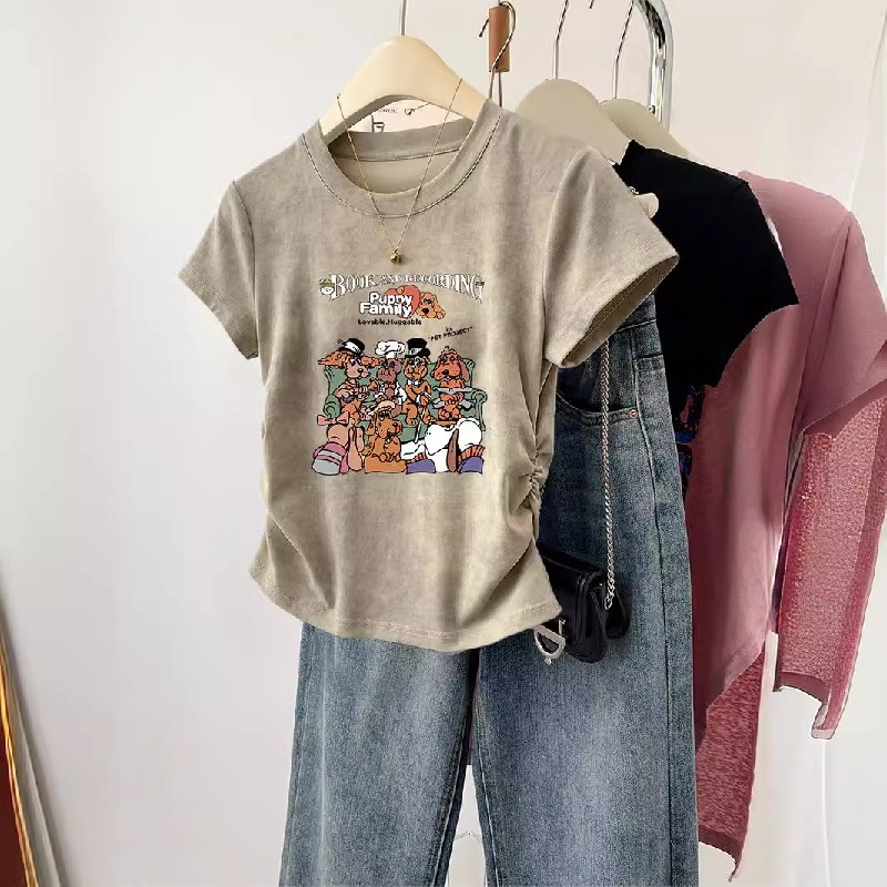 美式甜辣妹正肩印花收腰顯瘦短袖T恤