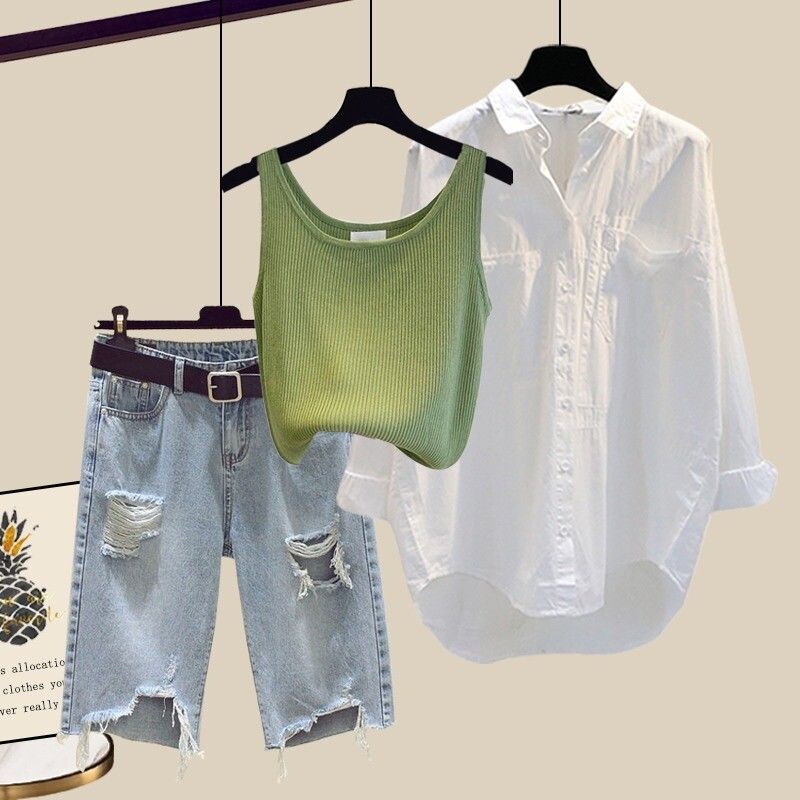 【單件/整套】寬鬆襯衫背心破洞牛仔短褲三件套