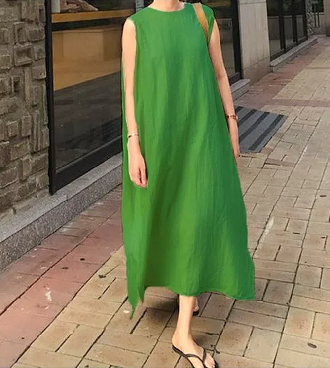 簡約洋氣亞麻混紡背心連體寬鬆時尚洋裝