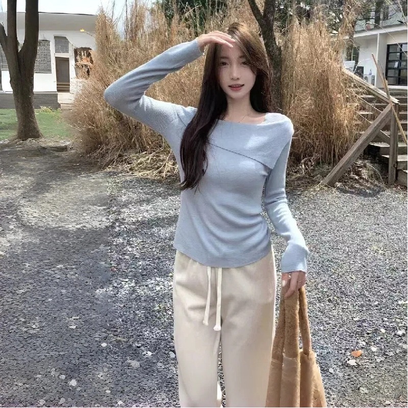 高級感修身一字肩長袖內搭打底針織衫