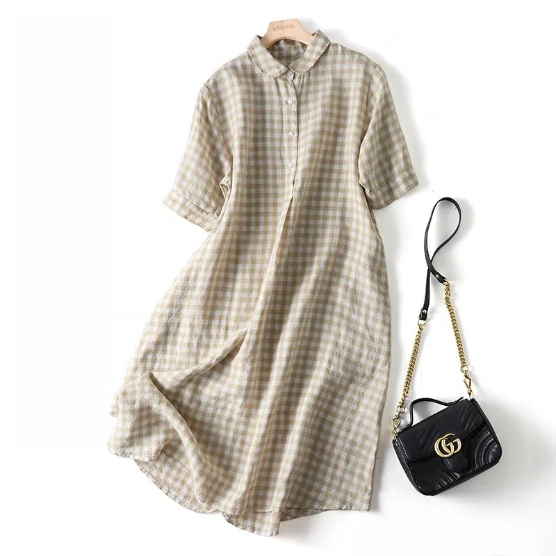 日系亞麻格子復古百搭休閒大下擺寬鬆長款洋裝