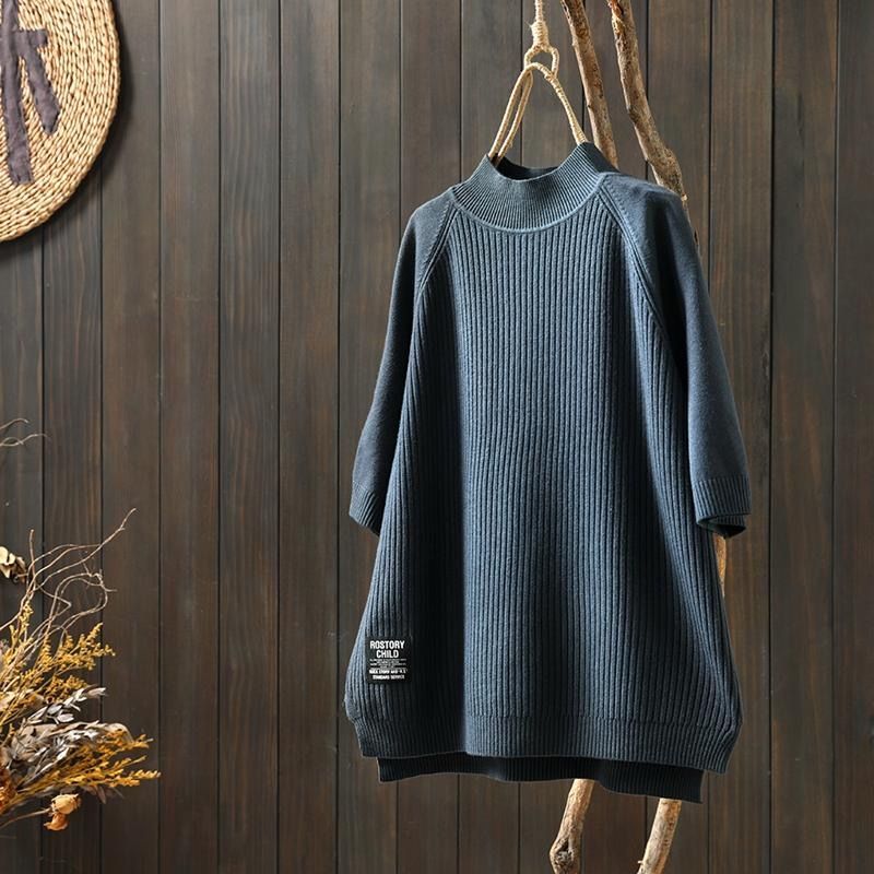 純色半高領五分袖寬鬆顯瘦字母貼標打底針織衫