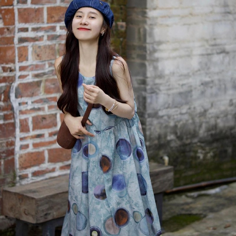 法式印花圈圈無袖復古設計感收腰中長款洋裝