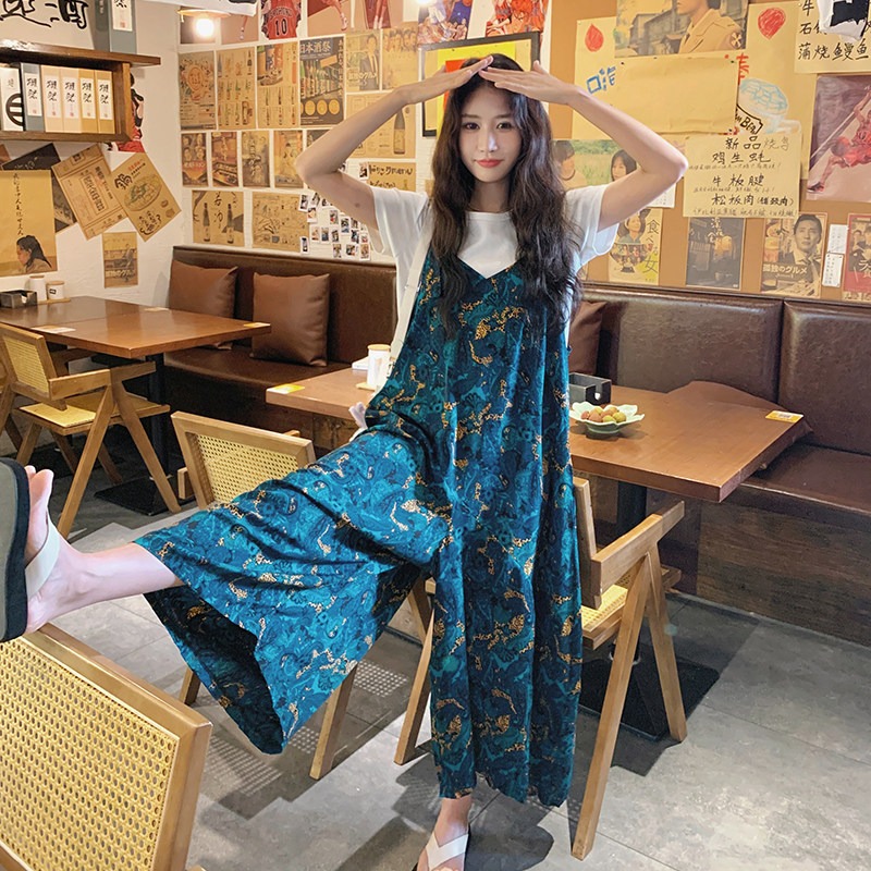 法式復古小個子油畫碎花闊腿寬鬆直筒連體褲