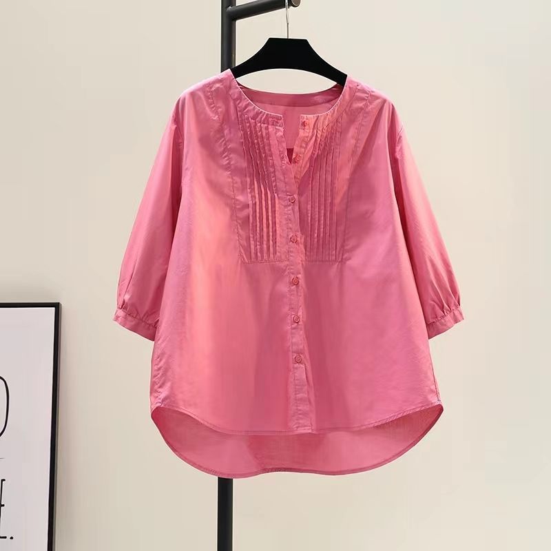 時尚設計感褶皺圓領七分袖休閒百搭襯衫