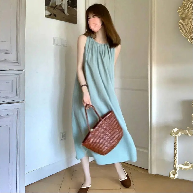 法式時尚海邊度假風溫柔掛脖無袖背心洋裝