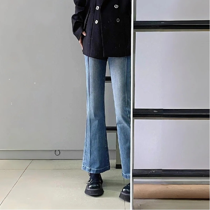簡約休閒高腰遮胯顯瘦彈力喇叭牛仔褲
